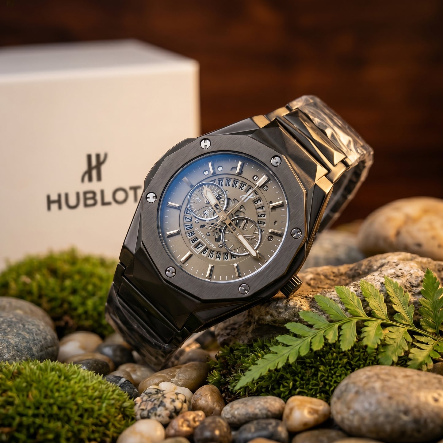 Dark Brown Prism Chain Strapped Brown Hologram Dial Hublot Watch