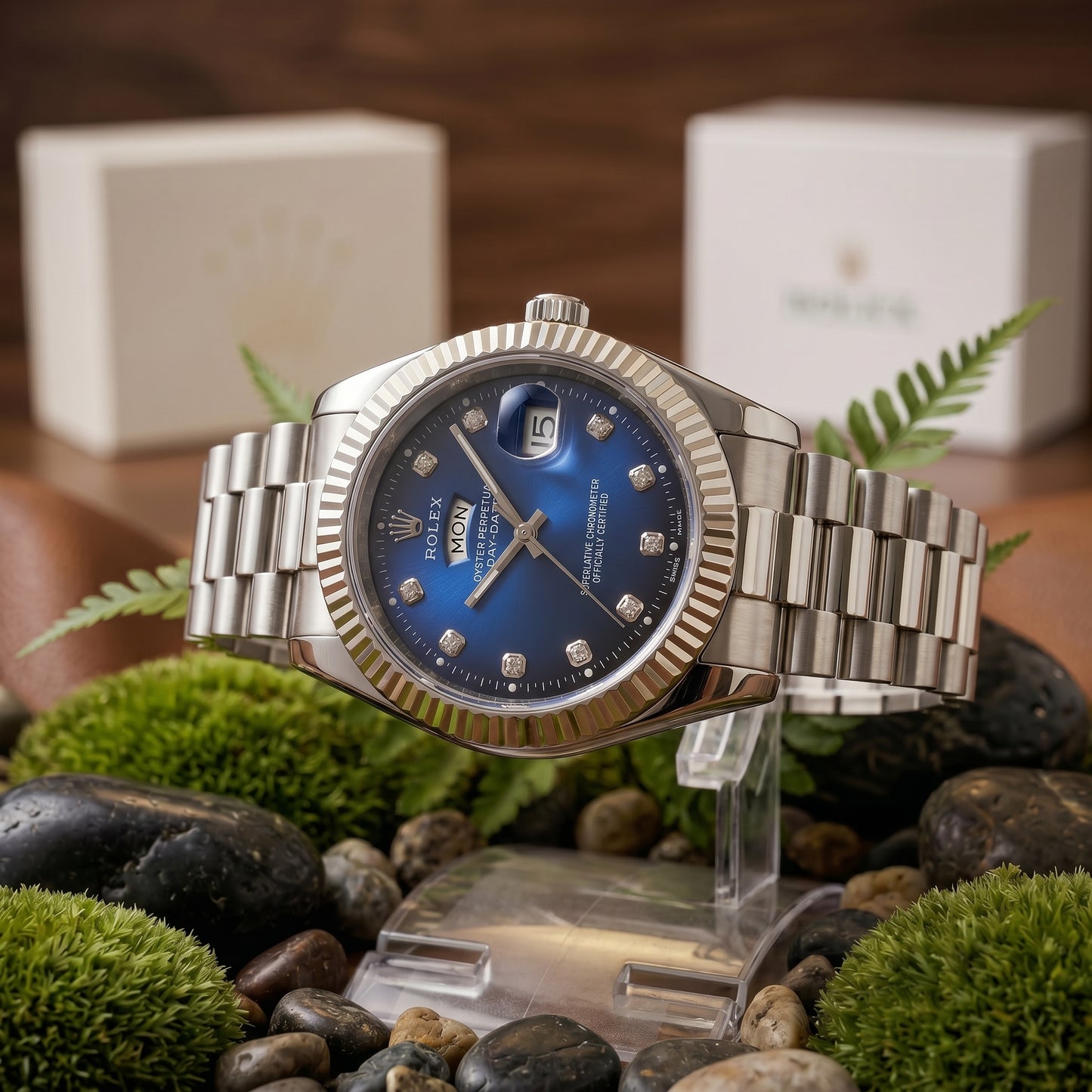 Premium Silver Chain with Blue Dial Rolex Watch