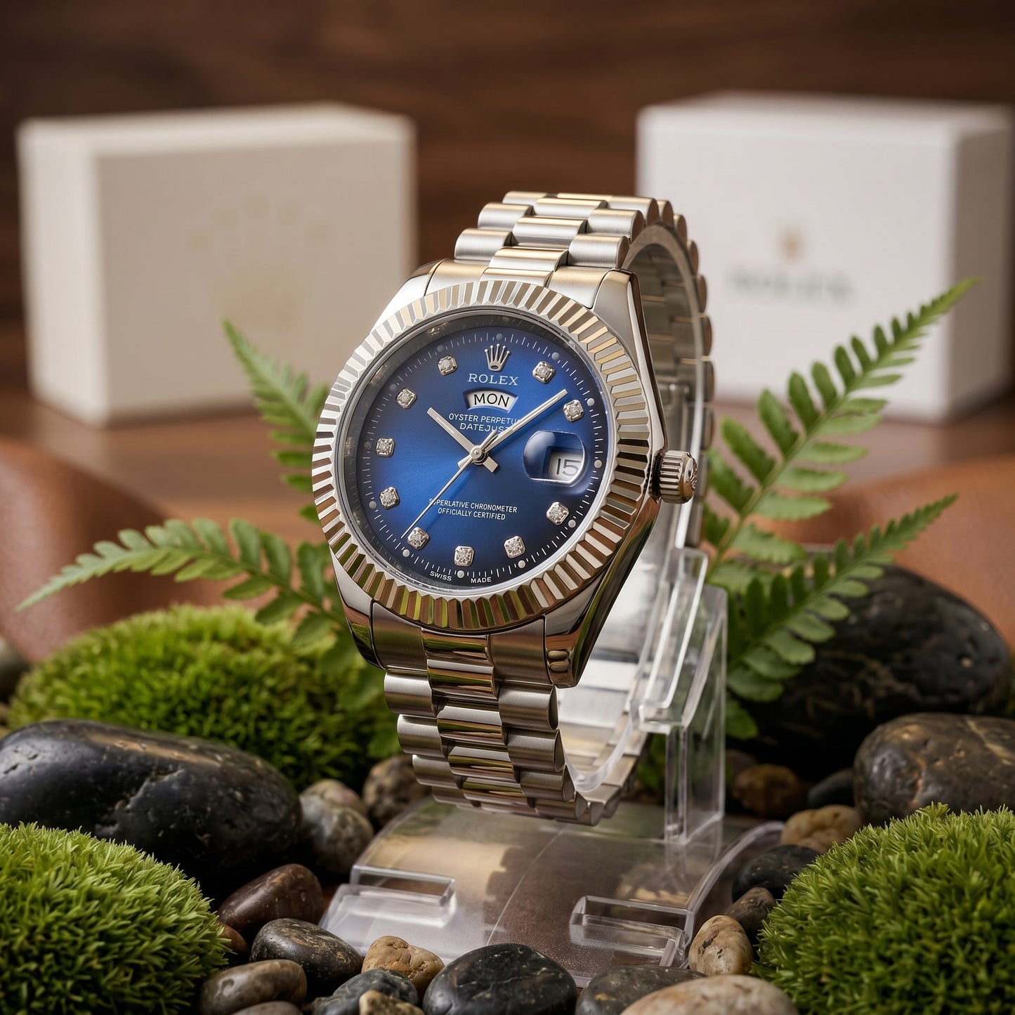 Premium Silver Chain with Blue Dial Rolex Watch