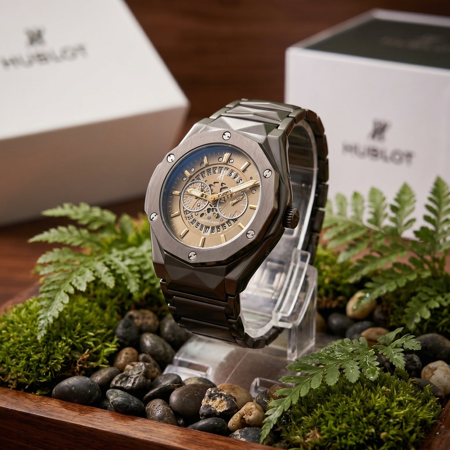 Dark Brown Prism Chain Strapped Brown Hologram Dial Hublot Watch
