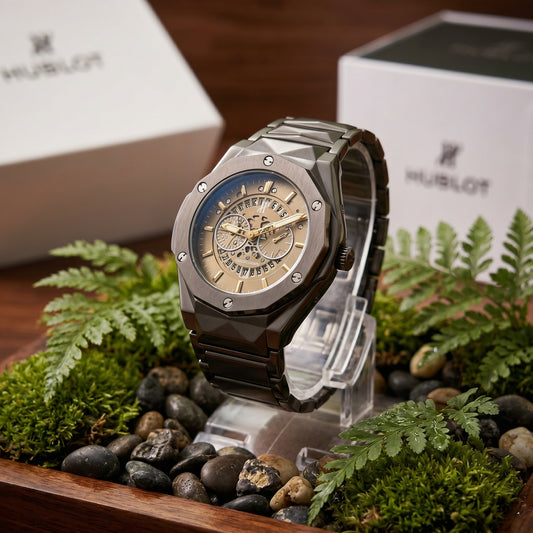 Dark Brown Prism Chain Strapped Brown Hologram Dial Hublot Watch