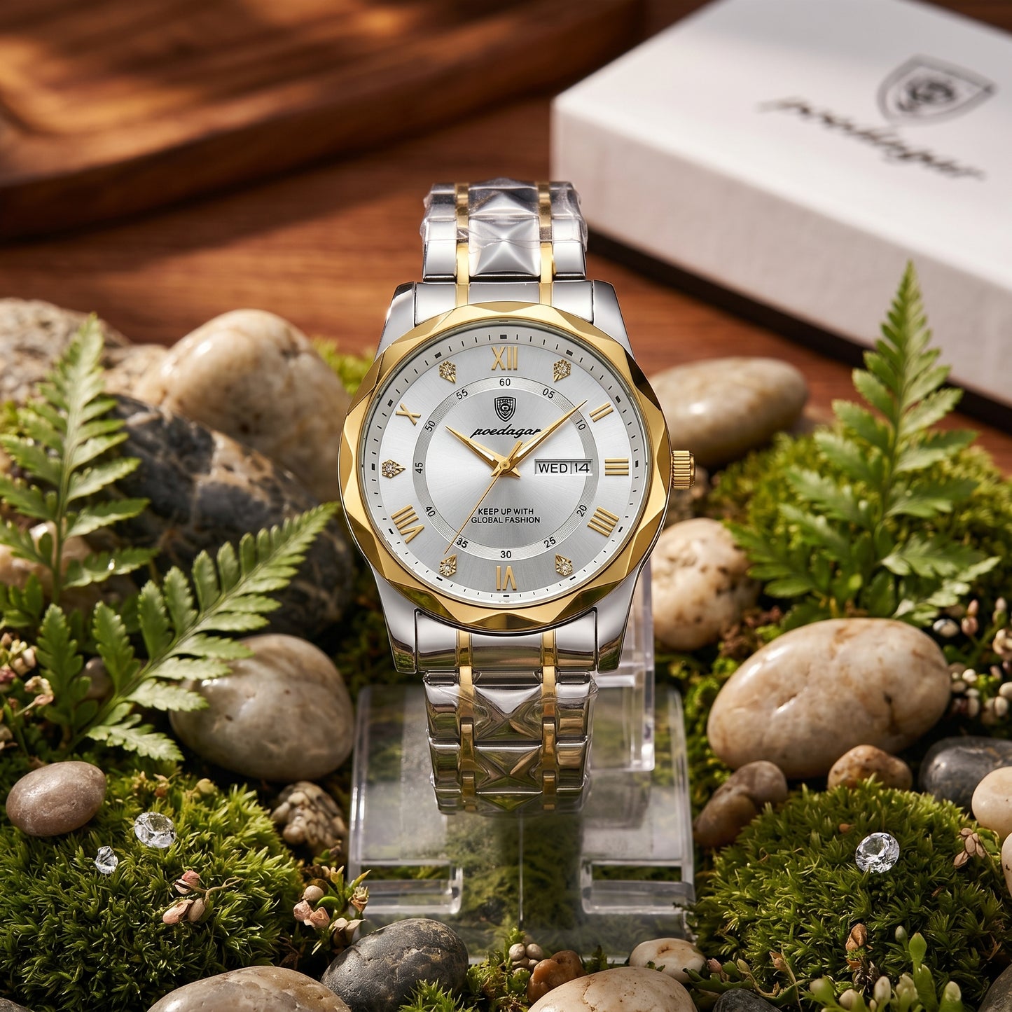 Two Tone Gold and Silver Poedagar Prism White Dial Watch
