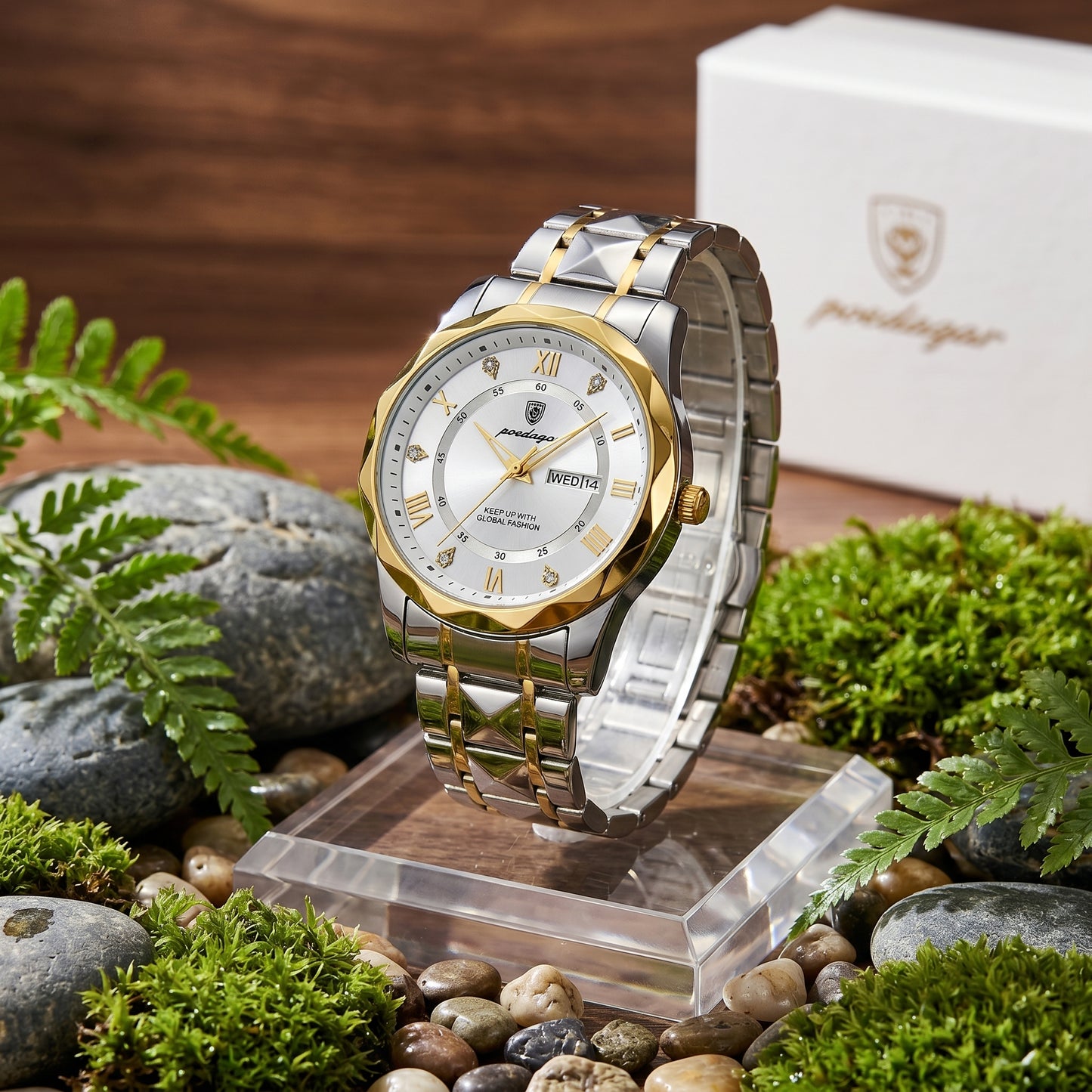 Two Tone Gold and Silver Poedagar Prism White Dial Watch