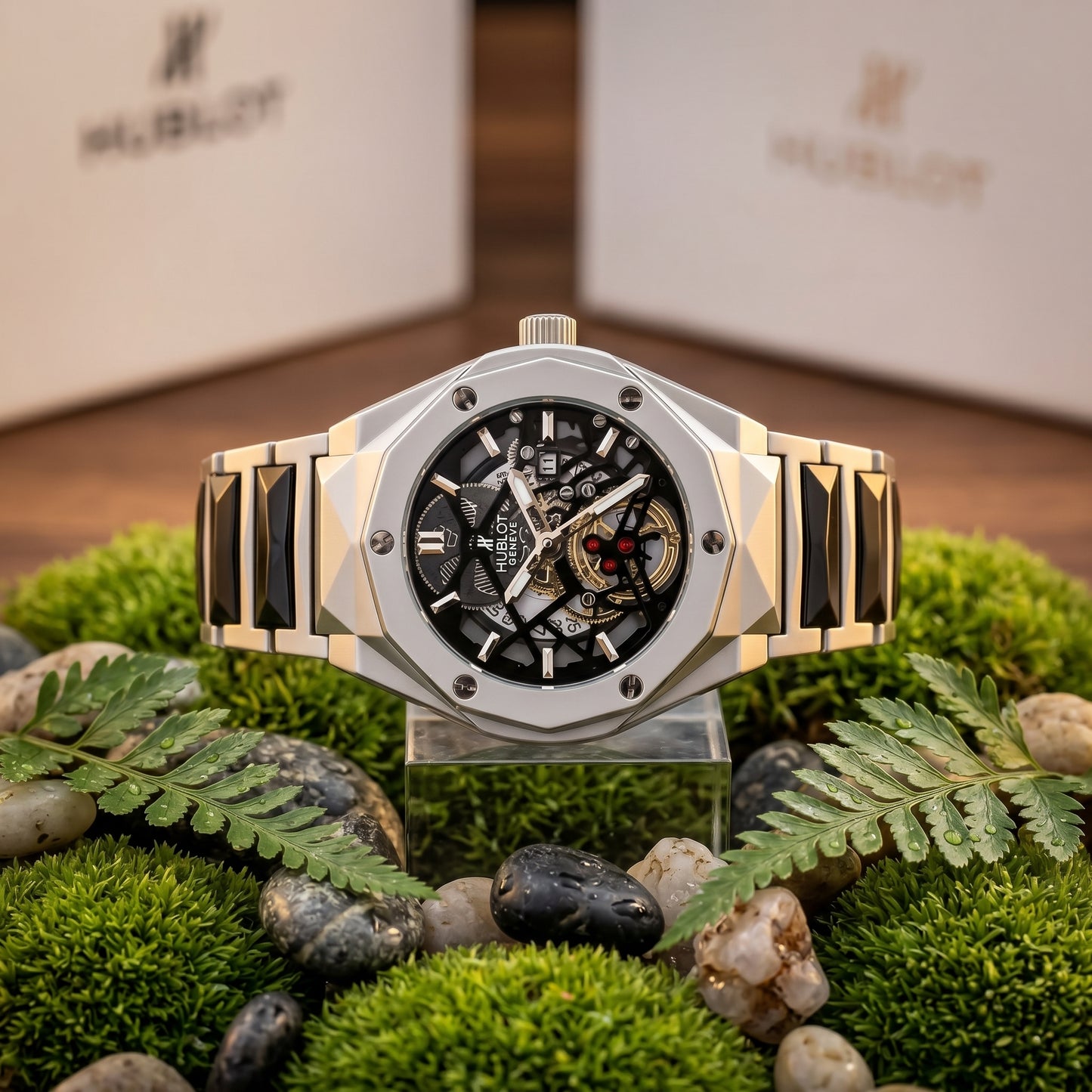 Two Tone Prism Chain Strapped Black Hologram Dial Hublot Watch